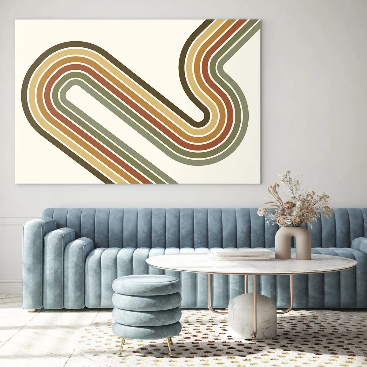 Impression sur verre - Image sur verre - Abstraction géométrique de style rétro avec des lignes ondulées - 70x50cm - En zig zag vers le but - Décoration murale moderne pour le salon et la chambre ARTTOR