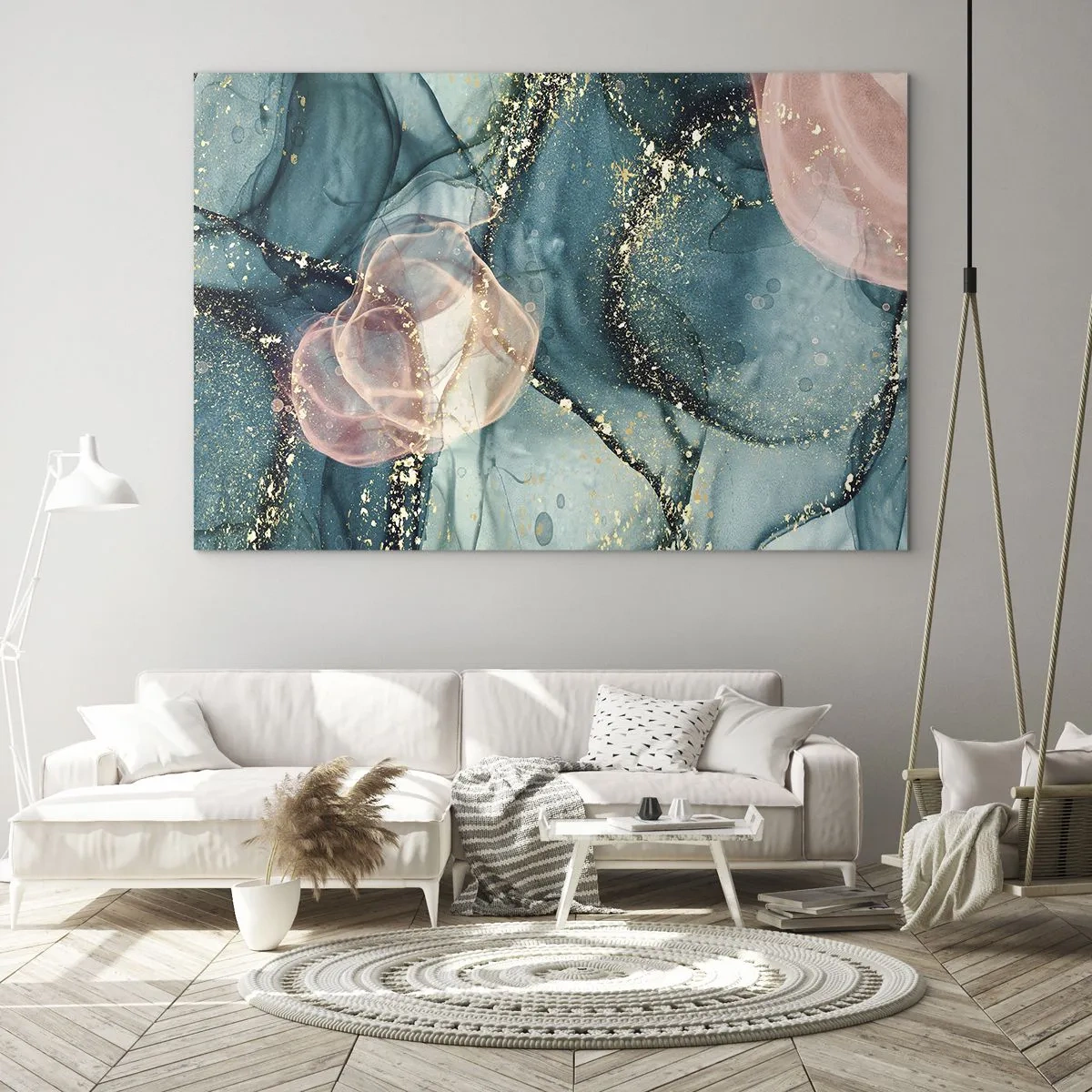 Impression sur verre - Image sur verre - Formes abstraites en bleu et rose avec des détails dorés - 70x50cm - Soie bleu, tulle rose - Décoration murale moderne pour le salon et la chambre ARTTOR