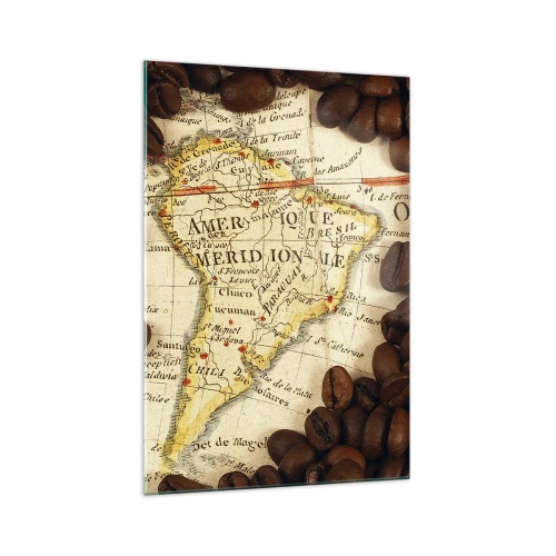 Impression sur verre - Image sur verre - Une carte de l'Amérique du Sud entourée de grains de café. - 70x100cm - D'où vient le meilleur café ? - Décoration murale moderne pour le salon et la chambre ARTTOR