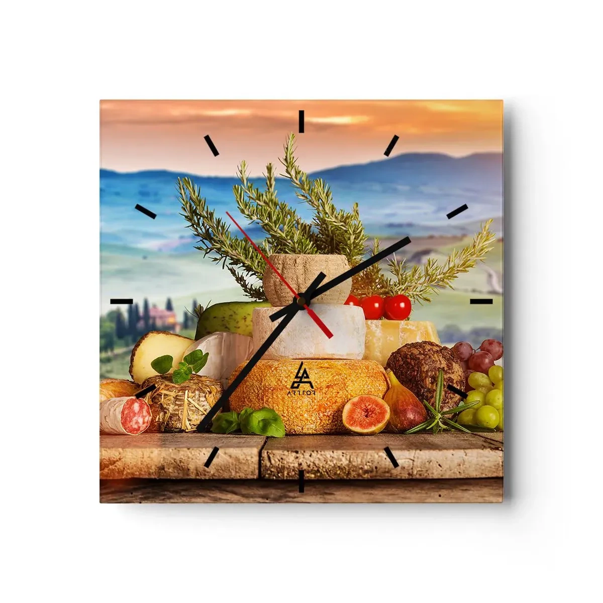 Horloge murale - Pendule murale - Une composition de fromages et de fruits sur fond de paysage toscan - 30x30cm - La joie de vivre à l'italienne - Décoration murale moderne pour le salon et la chambre ARTTOR