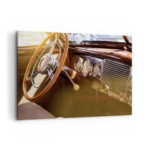Impression sur toile - Image sur toile - Gros plan de l'intérieur d'une voiture classique avec des détails en bois et en chrome. - 100x70cm - Souffle de luxe venu du passé - Décoration murale moderne pour le salon et la chambre ARTTOR