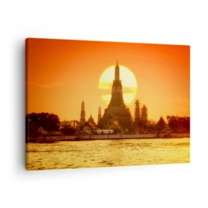 Impression sur toile - Image sur toile - Coucher de soleil sur le temple avec reflet dans l'eau - 70x50cm - Vers le soleil, toujours vers le soleil - Décoration murale moderne pour le salon et la chambre ARTTOR