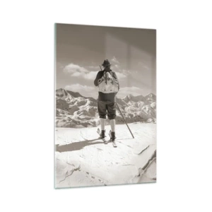 Impression sur verre - Image sur verre - Un skieur au sommet d'une montagne en noir et blanc - 70x100cm - Toutes les mêmes ces montagnes - Décoration murale moderne pour le salon et la chambre ARTTOR
