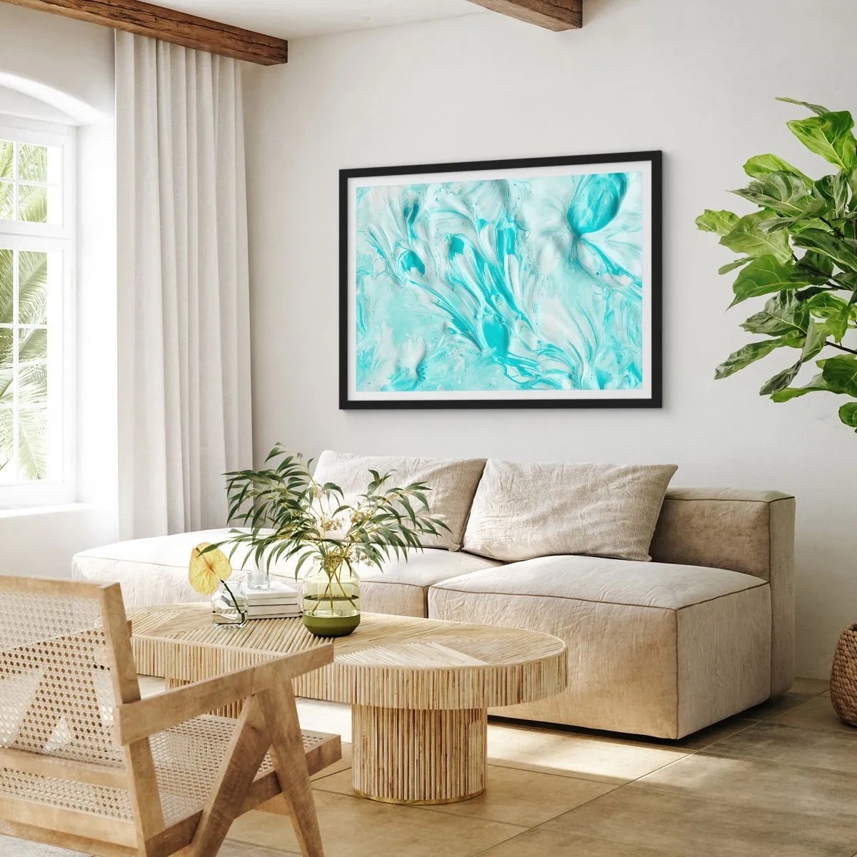 Affiche dans un cadre noir - Poster - Un motif abstrait dans des tons pastel de bleu et de blanc. - 70x50cm - Ensemble pour toujours - Décoration murale moderne pour le salon et la chambre ARTTOR