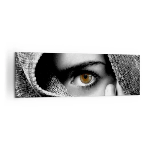 Impression sur toile - Image sur toile - Portrait d'une femme à l'oeil ambré recouvert d'un tissu aux tons gris. - 160x50cm - Apprenez le secret - Décoration murale moderne pour le salon et la chambre ARTTOR