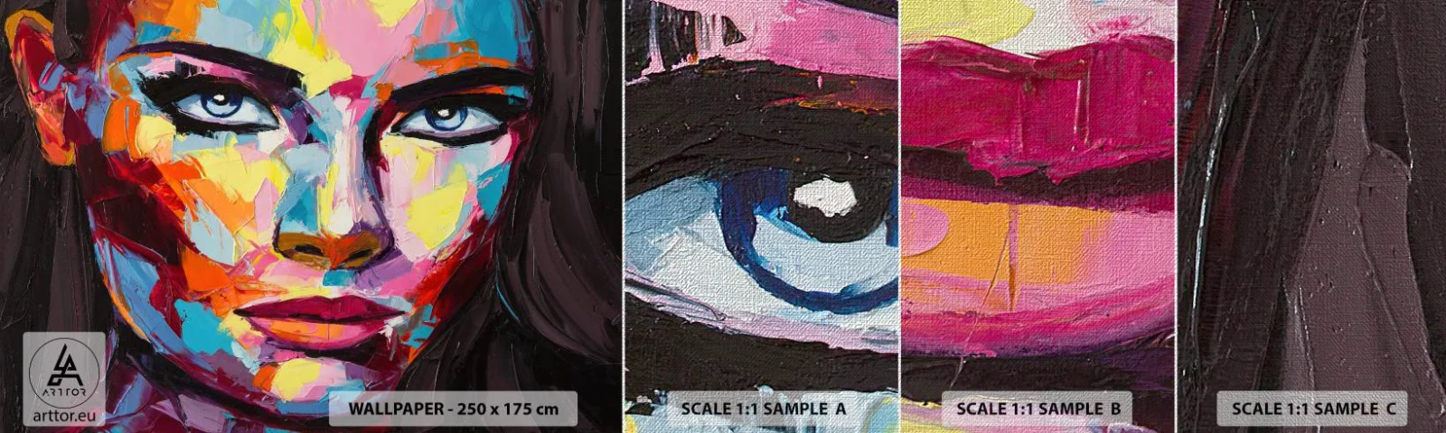 Échantillon de Papier Peint Premium Canvas - L'âme aussi est colorée - Portrait d'une femme, Affronter, Morceau - 100x30 cm