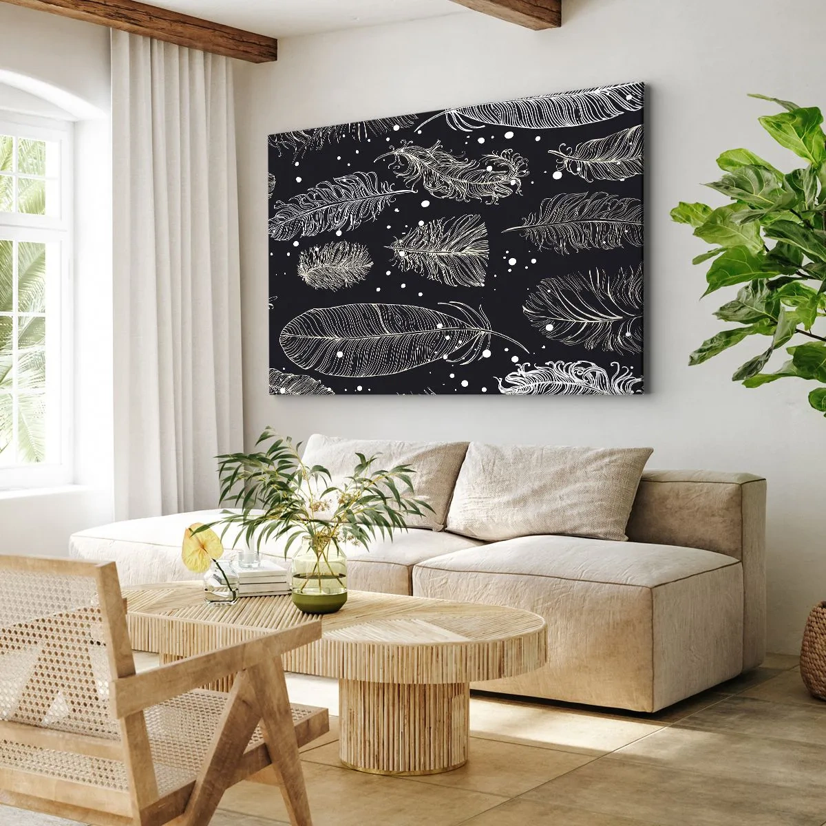 Impression sur toile - Image sur toile - Plumes blanches délicates sur fond bleu marine - 70x50cm - Toile de plumes - Décoration murale moderne pour le salon et la chambre ARTTOR