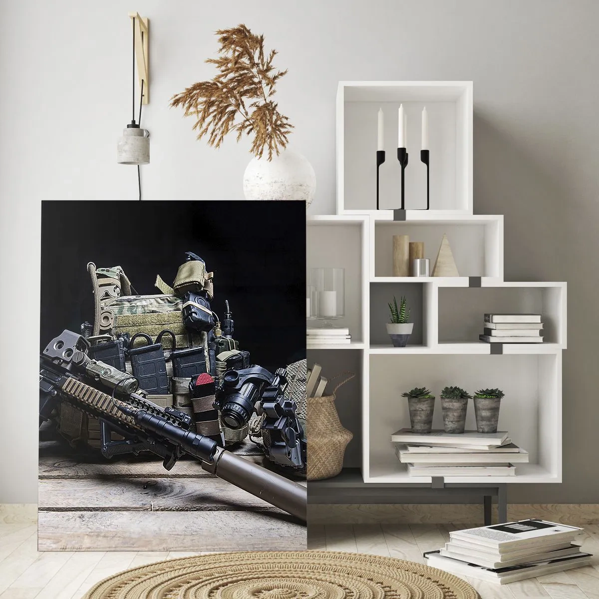 Impression sur verre - Image sur verre - Équipement tactique avec un fusil sur une table en bois - 80x120cm - Se reposer! - Décoration murale moderne pour le salon et la chambre ARTTOR