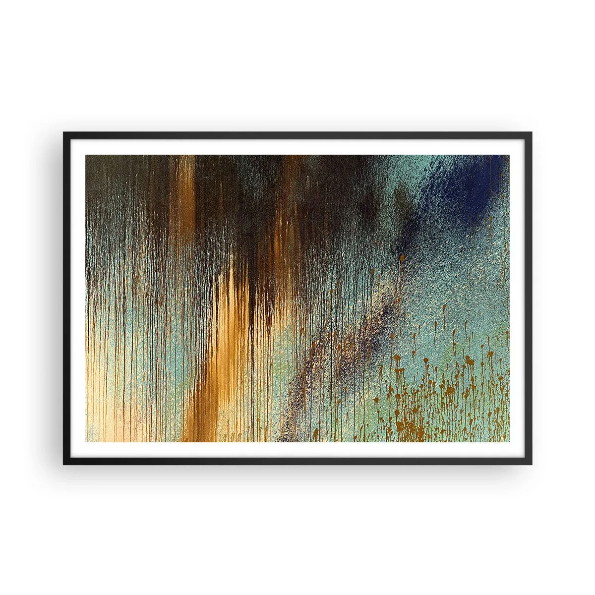 Affiche dans un cadre noir - Poster - Une composition abstraite de couleurs dans des tons d'or, de marron et de bleu. - 100x70cm - Une composition de couleirs non fortuite - Décoration murale moderne pour le salon et la chambre ARTTOR