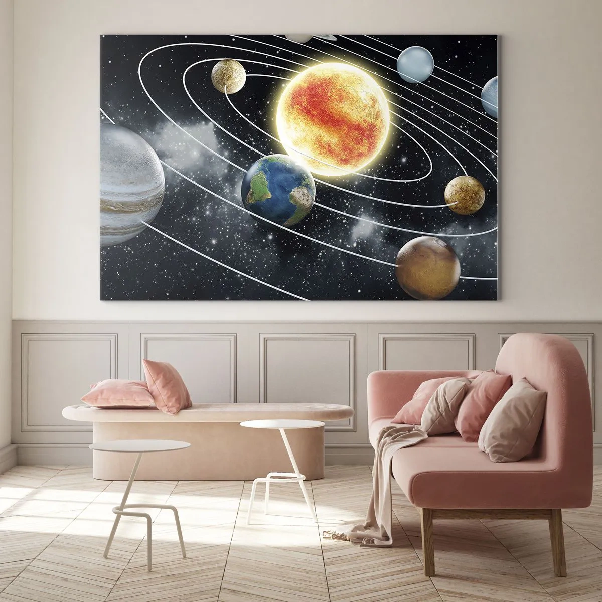 Impression sur verre - Image sur verre - Le système solaire avec ses planètes et ses orbites sur fond d'espace - 120x80cm - Danse cosmique - Décoration murale moderne pour le salon et la chambre ARTTOR