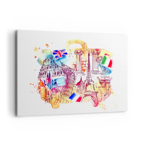 Impression sur toile - Image sur toile - Aquarelle de symboles européens avec drapeaux de pays - 100x70cm - Tournée européenne - Décoration murale moderne pour le salon et la chambre ARTTOR