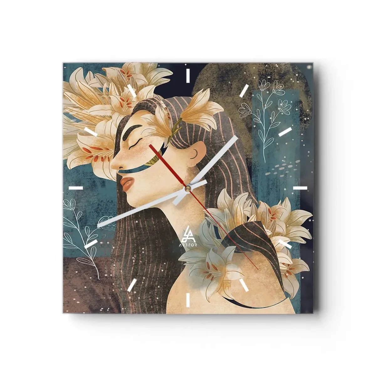 Horloge murale - Pendule murale - Portrait d'une femme avec des fleurs dans un style artistique sur fond sombre - 30x30cm - Conte de fée sur la princesse lilas - Décoration murale moderne pour le salon et la chambre ARTTOR