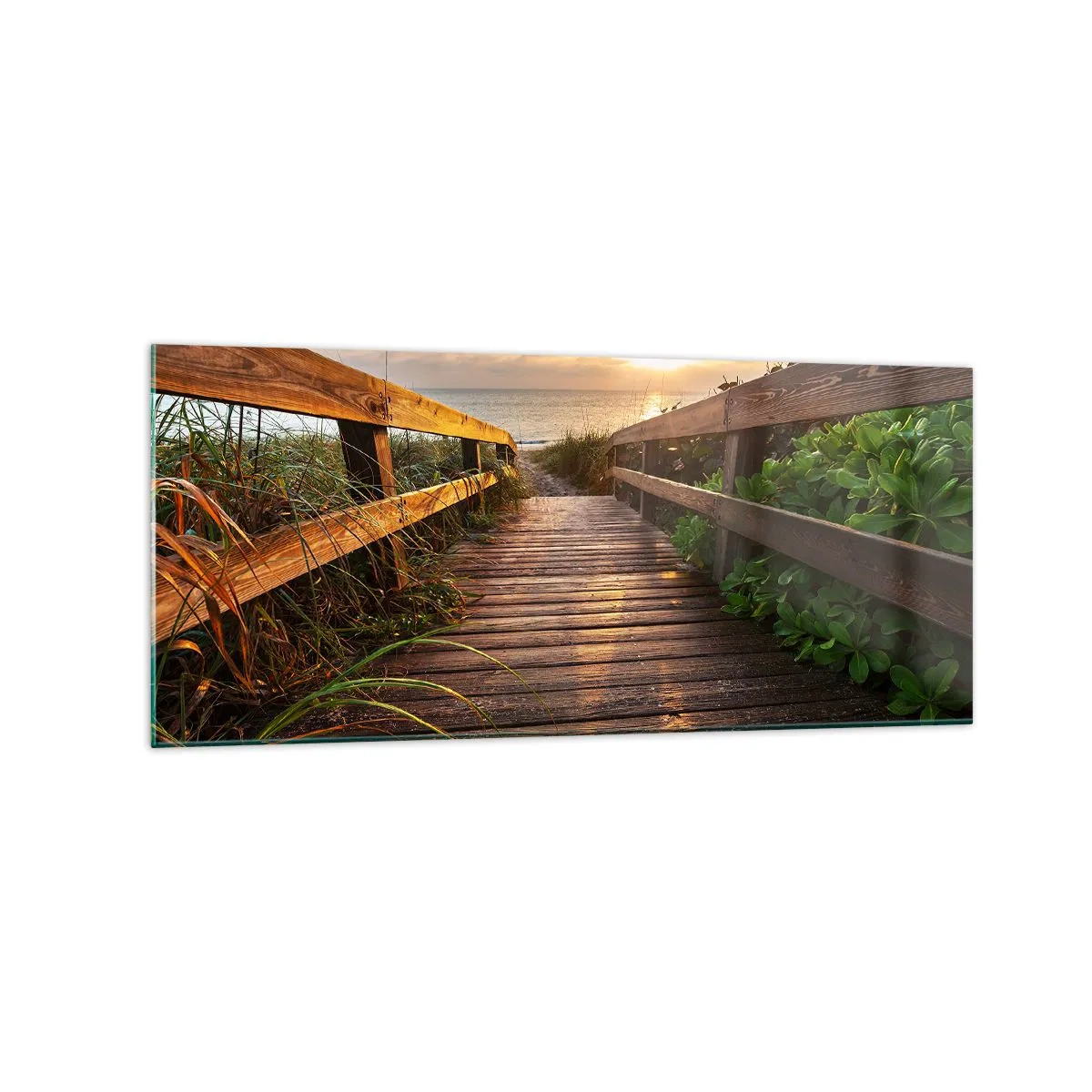 Impression sur verre - Image sur verre - Jetée en bois menant à la plage au coucher du soleil - 120x50cm - Tout droit vers le rivage - Décoration murale moderne pour le salon et la chambre ARTTOR