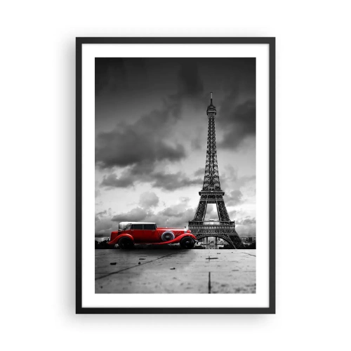 Affiche dans un cadre noir - Poster - Une voiture rouge devant la Tour Eiffel en noir et blanc - 50x70cm - Il n'y a pas si longtemps à Paris - Décoration murale moderne pour le salon et la chambre ARTTOR