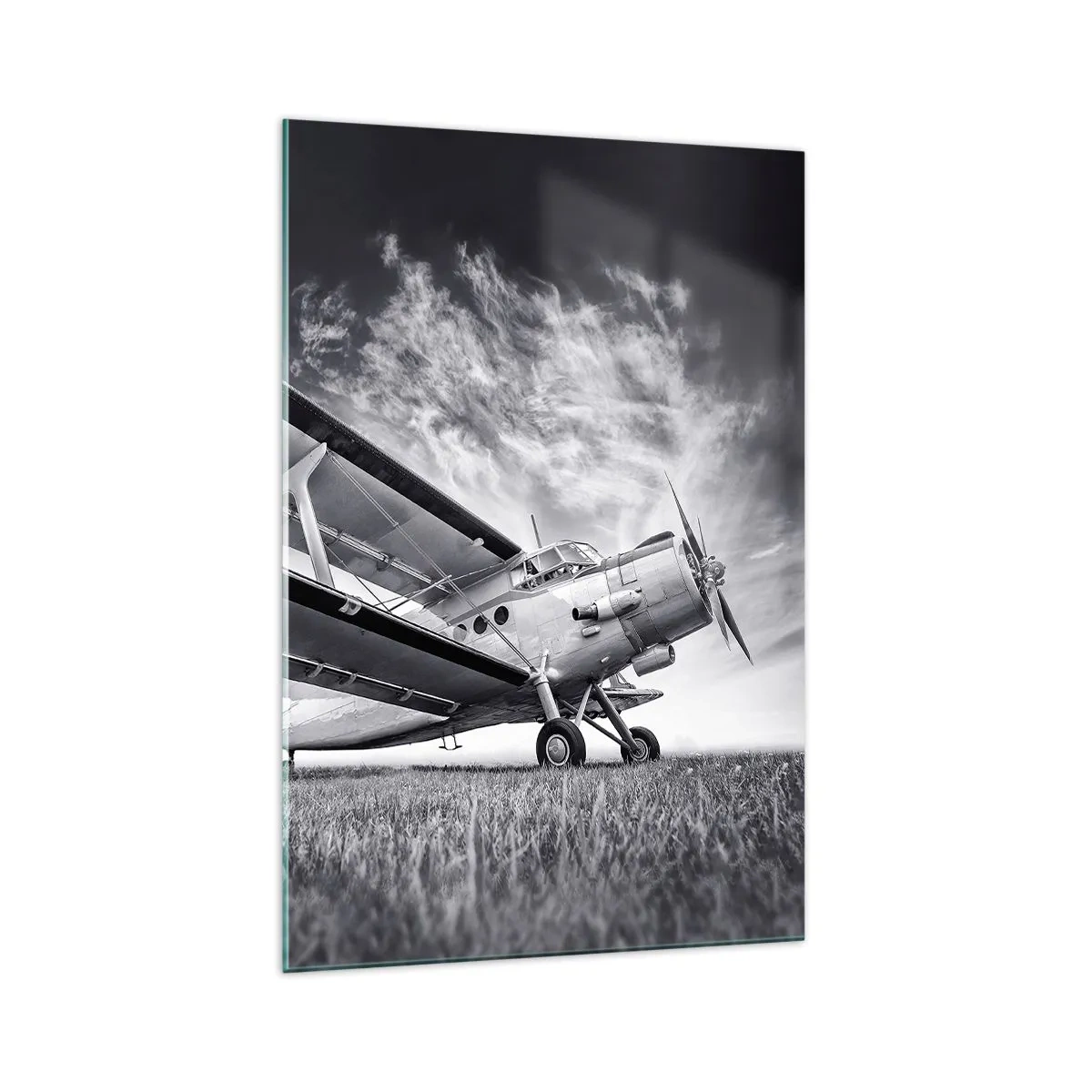 Impression sur verre - Image sur verre - Un avion contre un ciel dramatique en noir et blanc - 70x100cm - Le pèlerin ailé - Décoration murale moderne pour le salon et la chambre ARTTOR