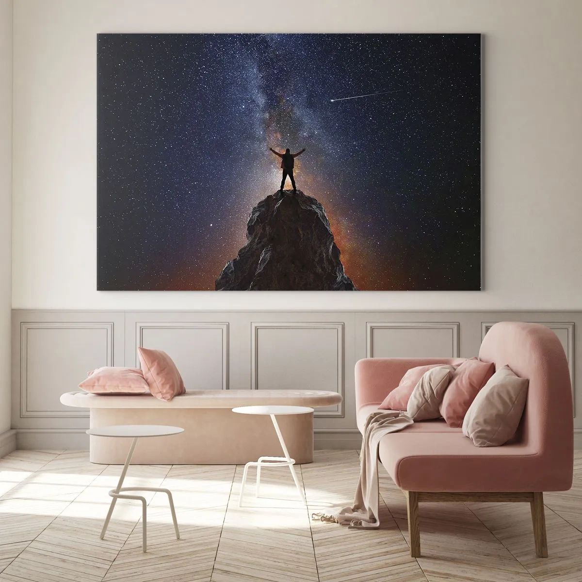 Impression sur verre - Image sur verre - Silhouette d'un homme au sommet d'un rocher sous un ciel étoilé - 70x50cm - Le force est avec moi! - Décoration murale moderne pour le salon et la chambre ARTTOR
