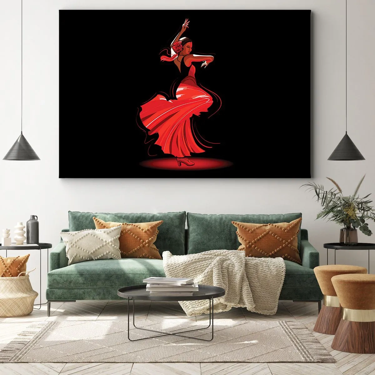 Impression sur toile - Image sur toile - Danseuse de flamenco en robe rouge sur fond noir - 70x50cm - L'esprit fougueux du flamenco - Décoration murale moderne pour le salon et la chambre ARTTOR