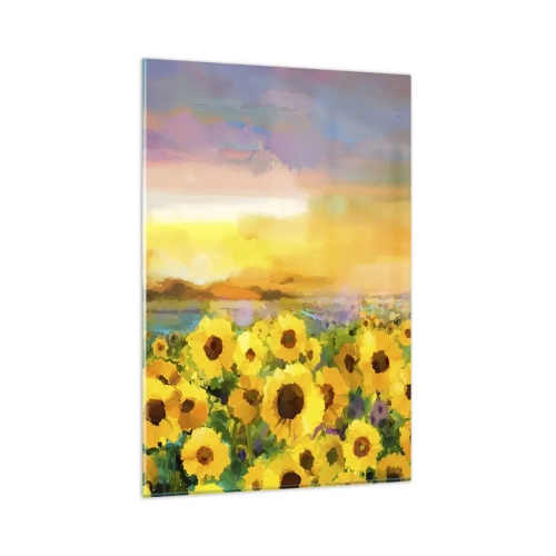 Impression sur verre - Image sur verre - Un champ de tournesols à la lumière du soleil couchant - 80x120cm - Le soleil lui-même est descendu sur terre - Décoration murale moderne pour le salon et la chambre ARTTOR