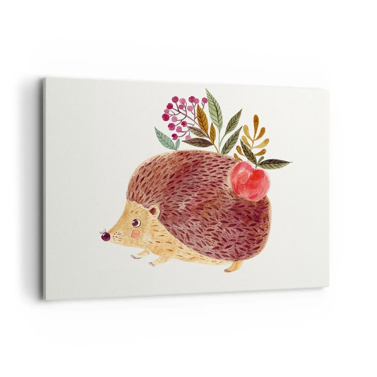 Impression sur toile - Image sur toile - Un hérisson mignon avec une pomme et des plantes dans un style illustratif - 100x70cm - Et tu m’apprécies déjà - Décoration murale moderne pour le salon et la chambre ARTTOR