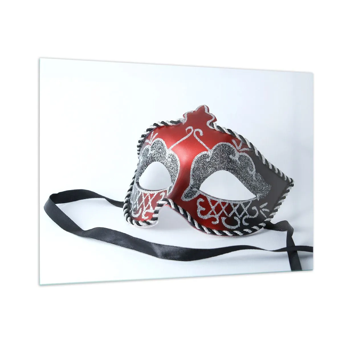 Impression sur verre - Image sur verre - Masque de carnaval en rouge et argent - 100x70cm - Invitation au bal - Décoration murale moderne pour le salon et la chambre ARTTOR