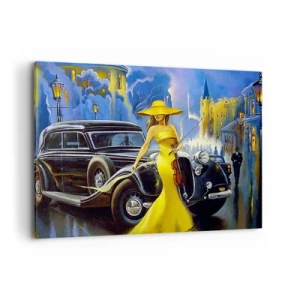 Impression sur toile - Image sur toile - Une femme en robe jaune avec un violon à côté d'une voiture rétro. - 100x70cm - Nocturne pour violon et amour - Décoration murale moderne pour le salon et la chambre ARTTOR