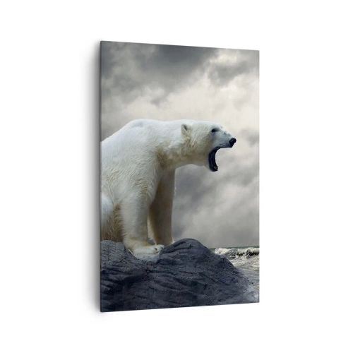 Impression sur toile - Image sur toile - Un ours polaire sur les rochers au-dessus d'une mer agitée - 80x120cm - Roi solitaire de l'Arctique - Décoration murale moderne pour le salon et la chambre ARTTOR