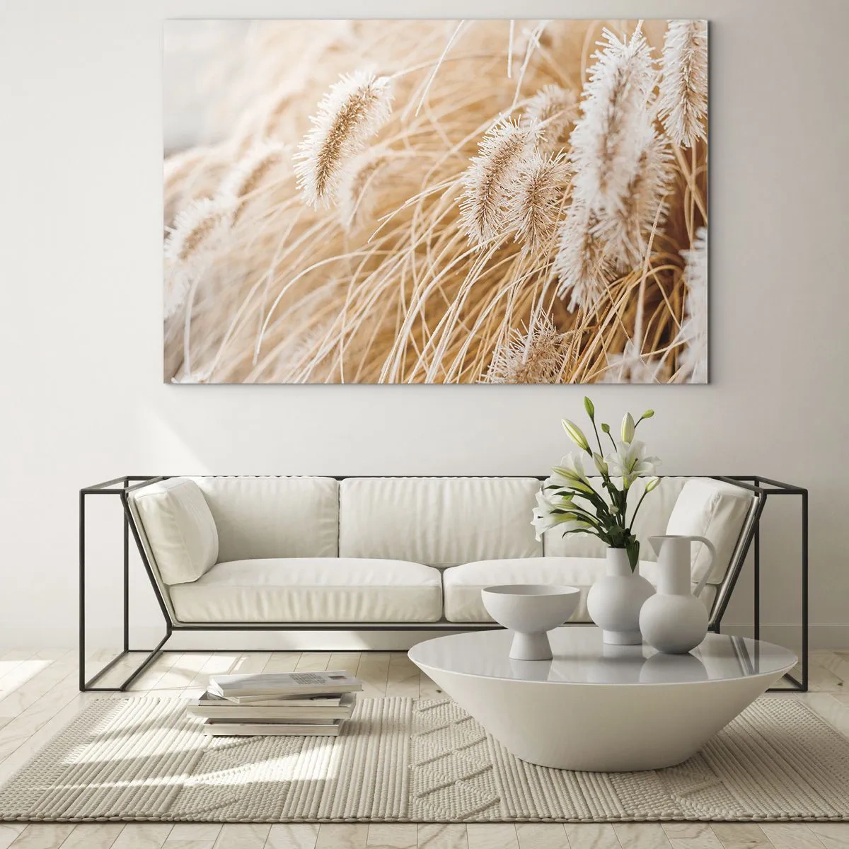 Impression sur verre - Image sur verre - Gros plan sur des pointes d'herbe duveteuses dans une lumière dorée - 70x50cm - Le bruissement doré de l'herbe - Décoration murale moderne pour le salon et la chambre ARTTOR