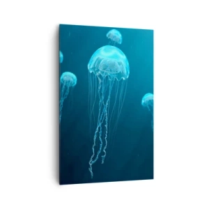Impression sur toile - Image sur toile - Méduses flottant dans les profondeurs de l'océan dans des tons bleus - 80x120cm - Danse océanique - Décoration murale moderne pour le salon et la chambre ARTTOR