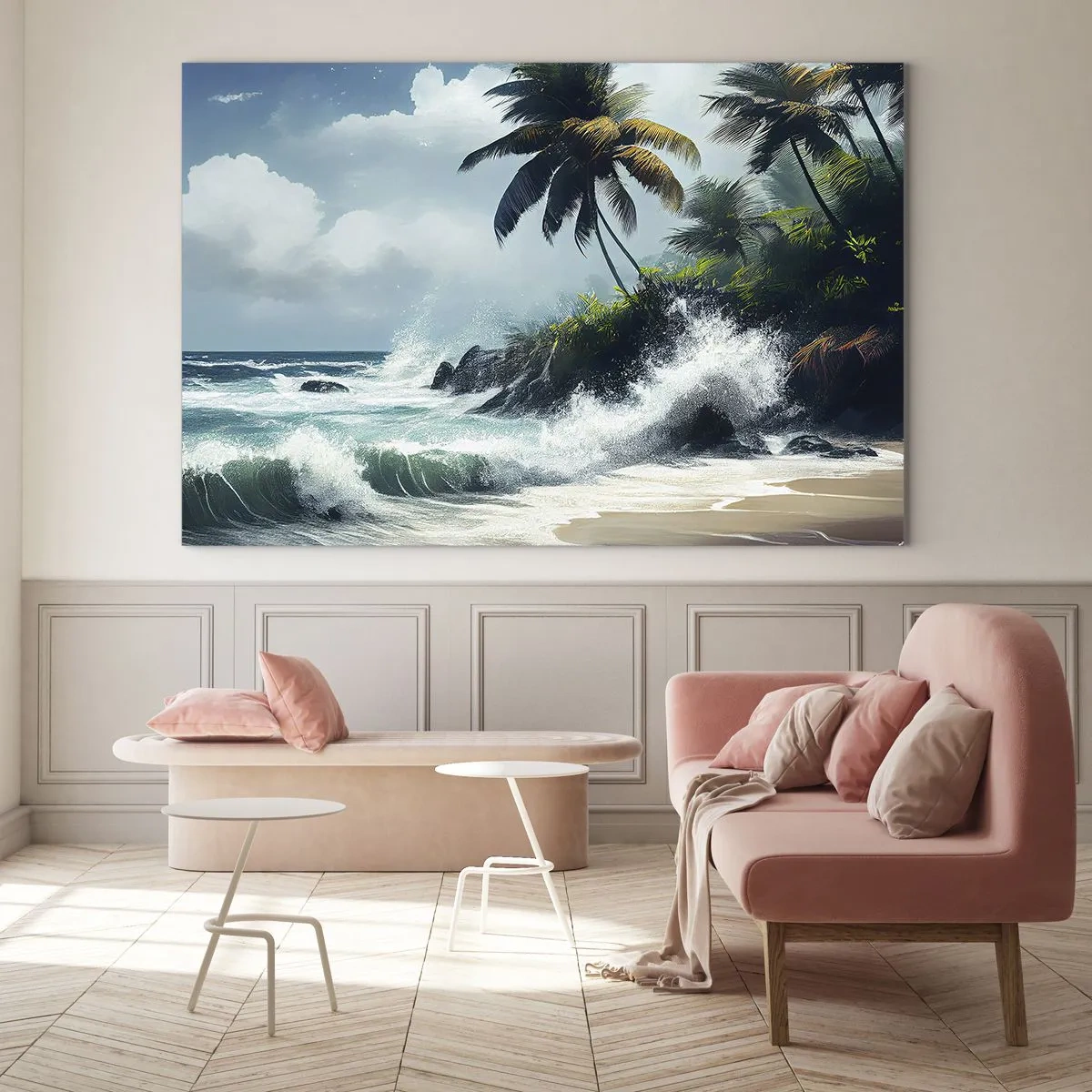 Impression sur verre - Image sur verre - Vagues s'écrasant contre les rochers près des palmiers sur une plage tropicale - 70x50cm - Sur une côte tropicale - Décoration murale moderne pour le salon et la chambre ARTTOR