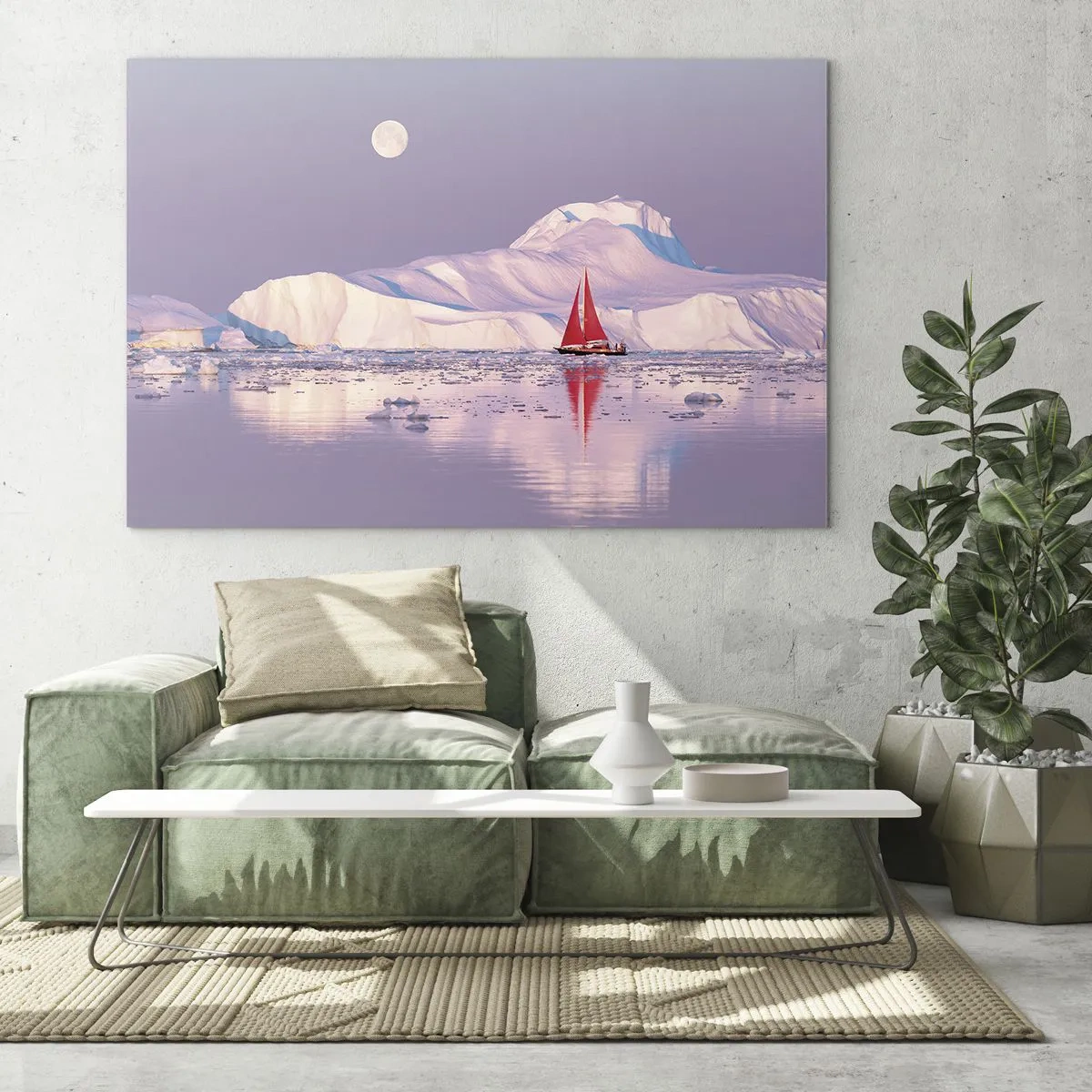 Impression sur verre - Image sur verre - Un voilier sur fond de glaciers au clair de lune - 70x50cm - La chaleur de la voile, le froid de la glace - Décoration murale moderne pour le salon et la chambre ARTTOR