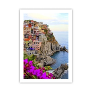 Affiche - Poster - Vue de bâtiments colorés sur une falaise au-dessus de la mer - 50x70cm - La ville qui rit - Décoration murale moderne pour le salon et la chambre ARTTOR