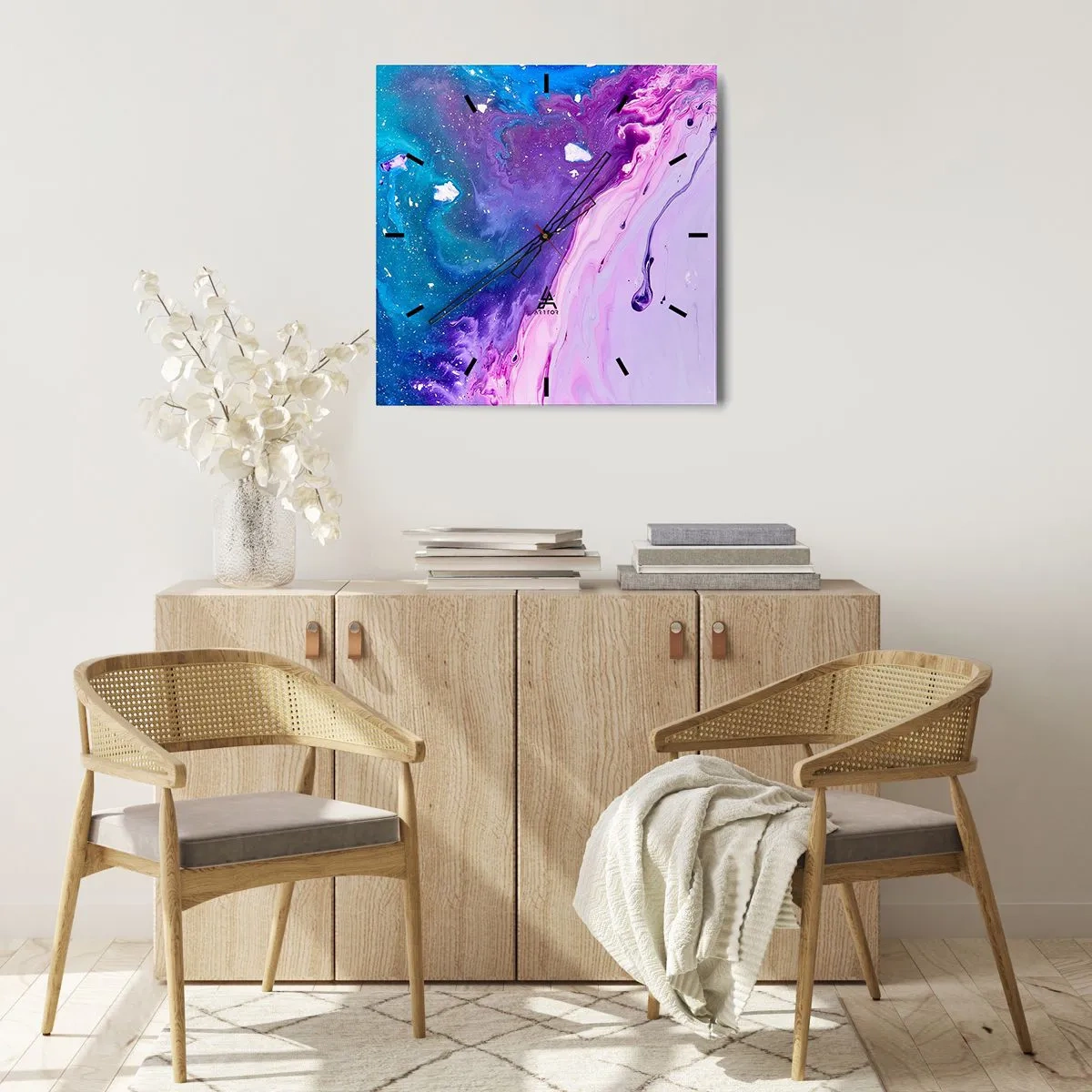 Horloge murale - Pendule murale - Abstraction aux couleurs violettes et turquoise inspirée des contrastes - 30x30cm - Yin et yang - Décoration murale moderne pour le salon et la chambre ARTTOR