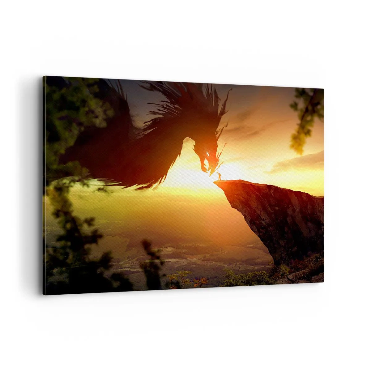 Impression sur toile - Image sur toile - Un dragon et un homme sur un rocher dans la lueur du soleil couchant - 100x70cm - Chasseur de dragon - Décoration murale moderne pour le salon et la chambre ARTTOR