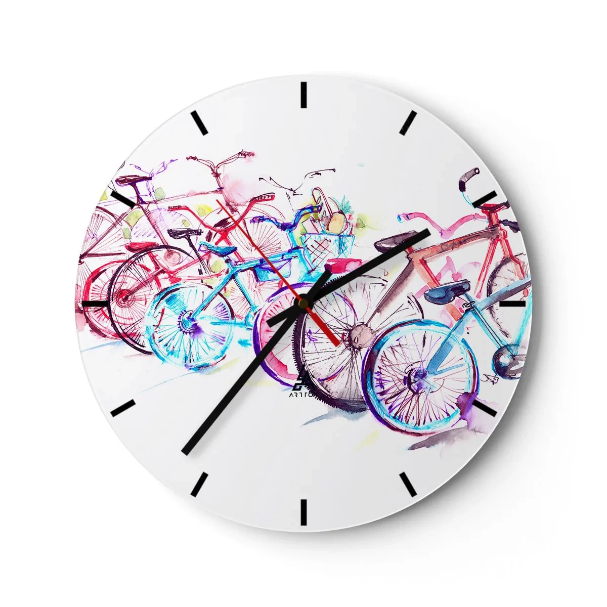 Horloge murale - Pendule murale - Vélos à l'aquarelle aux couleurs vives sur fond blanc - 30x30cm - Congrès du club Antymoto - Décoration murale moderne pour le salon, la cuisine et la chambre ARTTOR