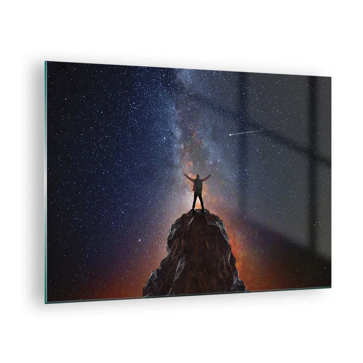 Impression sur verre - Image sur verre - Silhouette d'un homme au sommet d'un rocher sous un ciel étoilé - 70x50cm - Le force est avec moi! - Décoration murale moderne pour le salon et la chambre ARTTOR