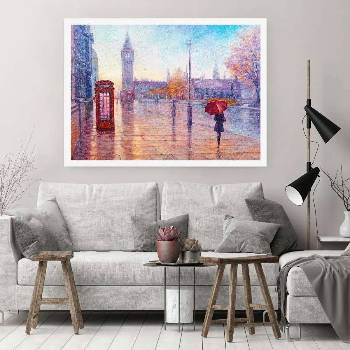 Affiche - Poster - Rue de Londres avec Big Ben un jour de pluie - 100x70cm - Jour automnal londonien - Décoration murale moderne pour le salon et la chambre ARTTOR