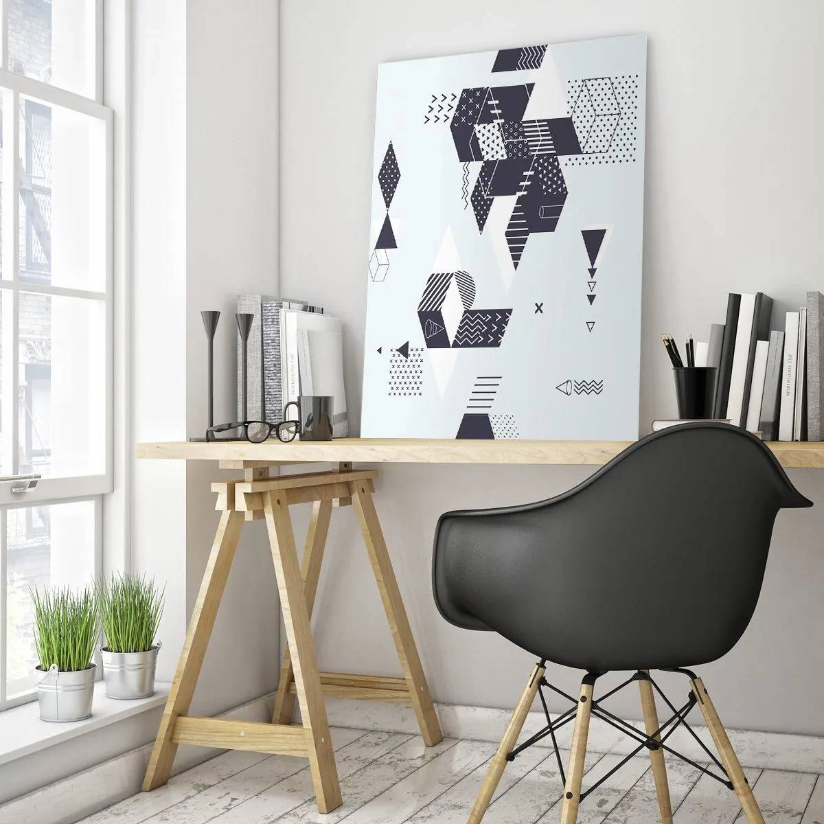 Impression sur verre - Image sur verre - Composition géométrique abstraite en noir et blanc sur fond clair - 50x70cm - Dans l'âme d'un mathématicien - Décoration murale moderne pour le salon et la chambre ARTTOR