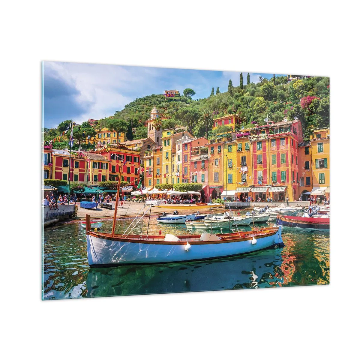 Impression sur verre - Image sur verre - Bâtiments colorés près du port dans une ville pittoresque - 100x70cm - Matinée italienne - Décoration murale moderne pour le salon et la chambre ARTTOR