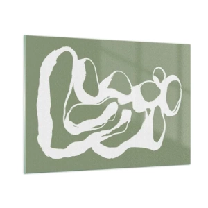 Impression sur verre - Image sur verre - Forme organique blanche abstraite sur fond olive - 100x70cm - L'appel de l'espace - Décoration murale moderne pour le salon et la chambre ARTTOR