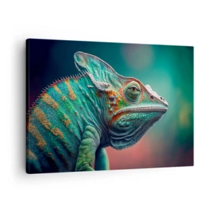 Impression sur toile - Image sur toile - Gros plan d'un caméléon aux couleurs intenses - 70x50cm - Vous me voyez? Pas bien… - Décoration murale moderne pour le salon et la chambre ARTTOR