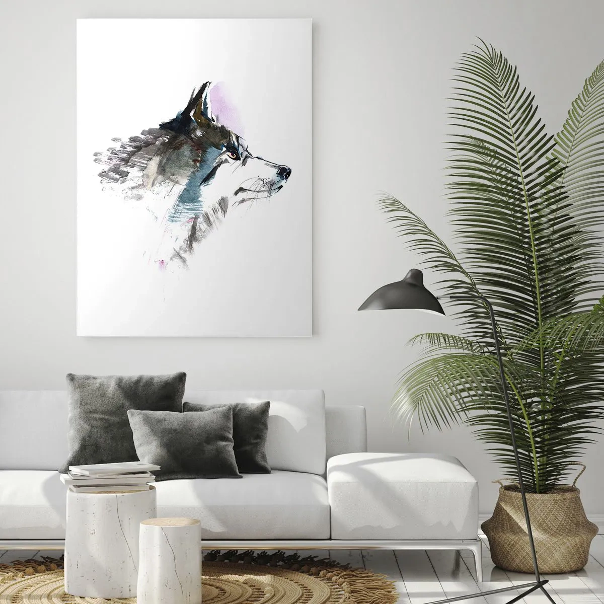 Impression sur verre - Image sur verre - Loup dans un style aquarelle artistique sur fond blanc - 50x70cm - On parle du loup - Décoration murale moderne pour le salon et la chambre ARTTOR