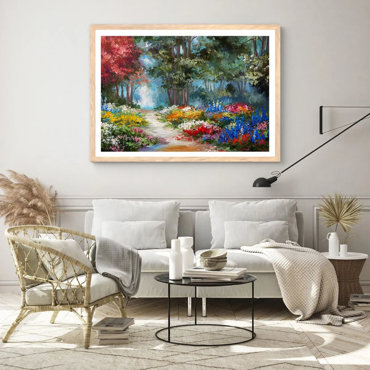 Affiche dans un chêne clair - Poster - Jardin forestier, forêt de fleurs - 100x70 cm