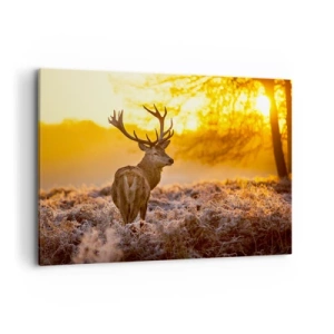 Impression sur toile - Image sur toile - Un cerf sur fond de forêt d'automne illuminée par le soleil doré - 100x70cm - Roi de la forêt automnal - Décoration murale moderne pour le salon et la chambre ARTTOR