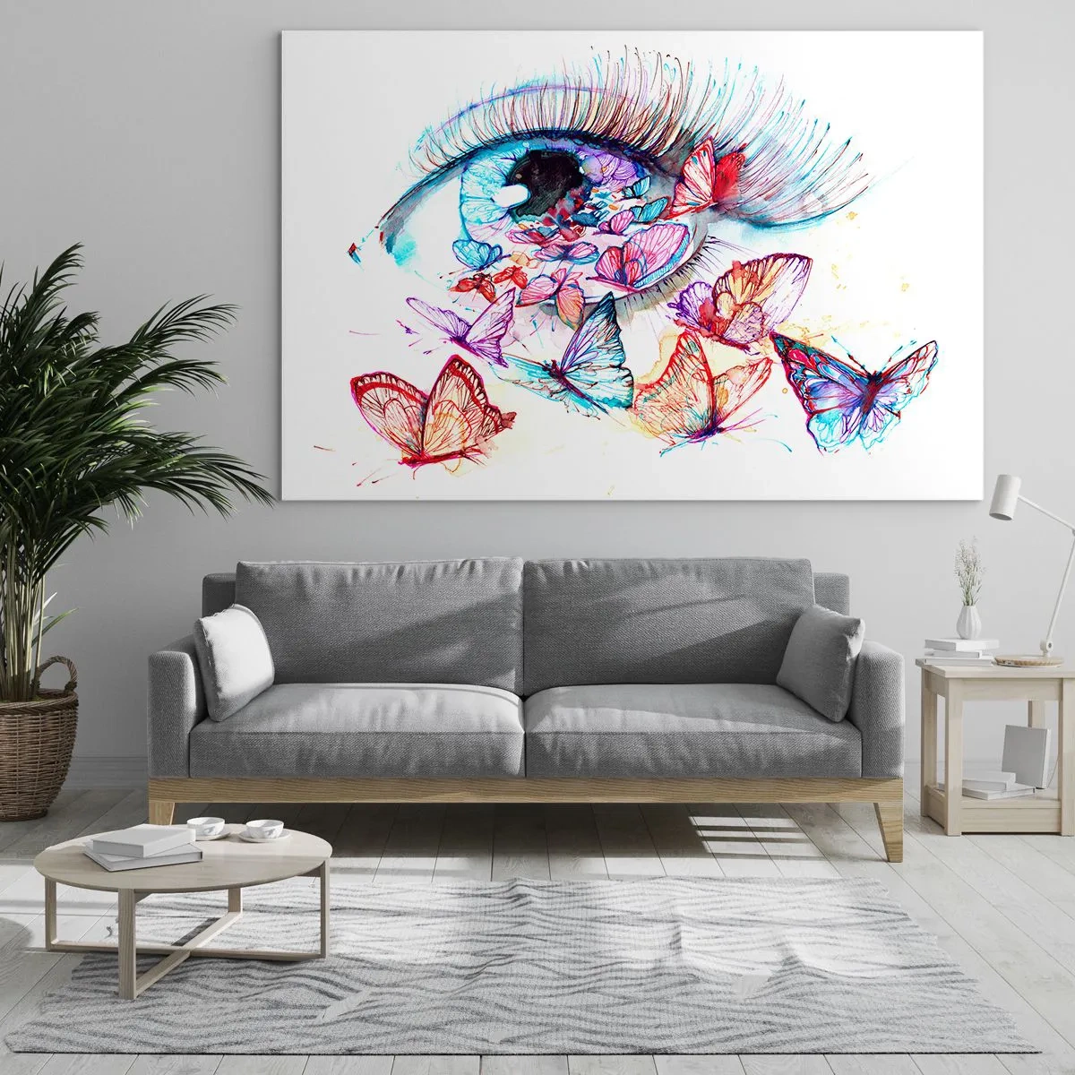 Impression sur verre - Image sur verre - L'œil d'une femme entouré de papillons colorés à l'aquarelle - 100x70cm - Charme des yeux de conte de fées - Décoration murale moderne pour le salon et la chambre ARTTOR