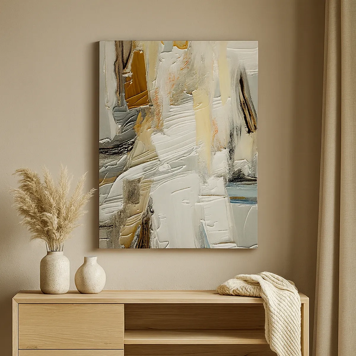 Impression sur toile - Image sur toile - Abstraction texturale dans des tons terre et blanc - 50x70cm - Couches colorées - Décoration murale moderne pour le salon et la chambre ARTTOR