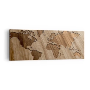 Impression sur toile - Image sur toile - Une carte du monde découpée sur une surface en bois - 140x50cm - Le monde est sur la table - Décoration murale moderne pour le salon et la chambre ARTTOR