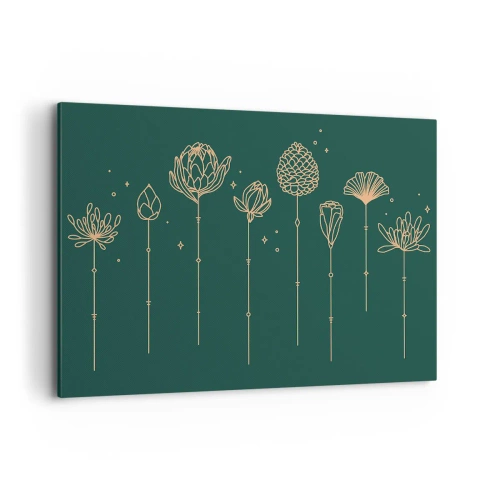 Impression sur toile - Image sur toile - Dessins dorés d'herbes sur fond vert foncé - 100x70cm - La famille Plante - Décoration murale moderne pour le salon et la chambre ARTTOR