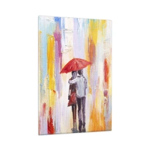 Impression sur verre - Image sur verre - Un couple sous un parapluie rouge avec des bâtiments colorés en arrière-plan. - 80x120cm - Qu'il pleuve encore - Décoration murale moderne pour le salon et la chambre ARTTOR