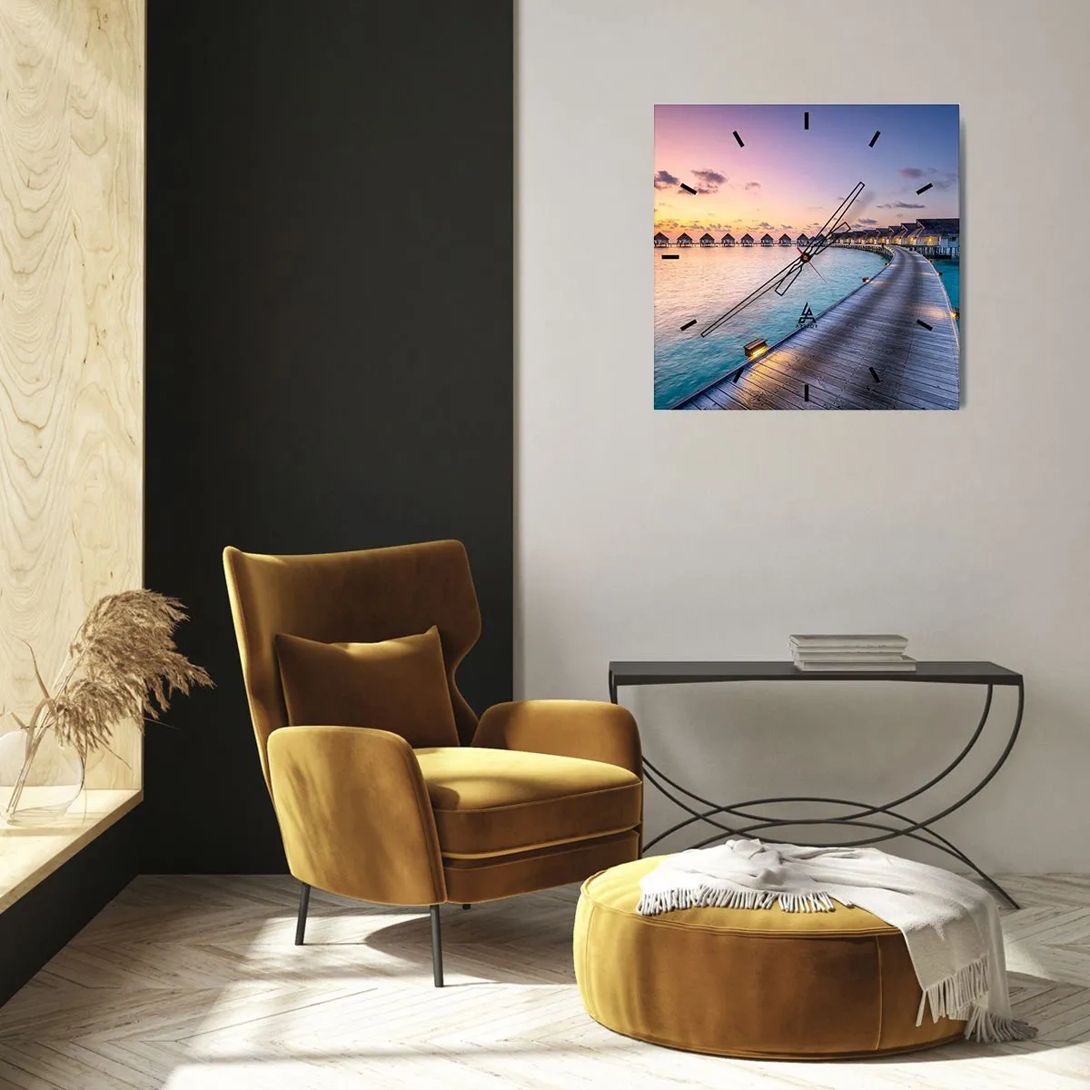 Horloge murale - Pendule murale - La jetée menant aux chalets au bord de l'eau au coucher du soleil - 30x30cm - Vacances - retour aux sources - Décoration murale moderne pour le salon et la chambre ARTTOR
