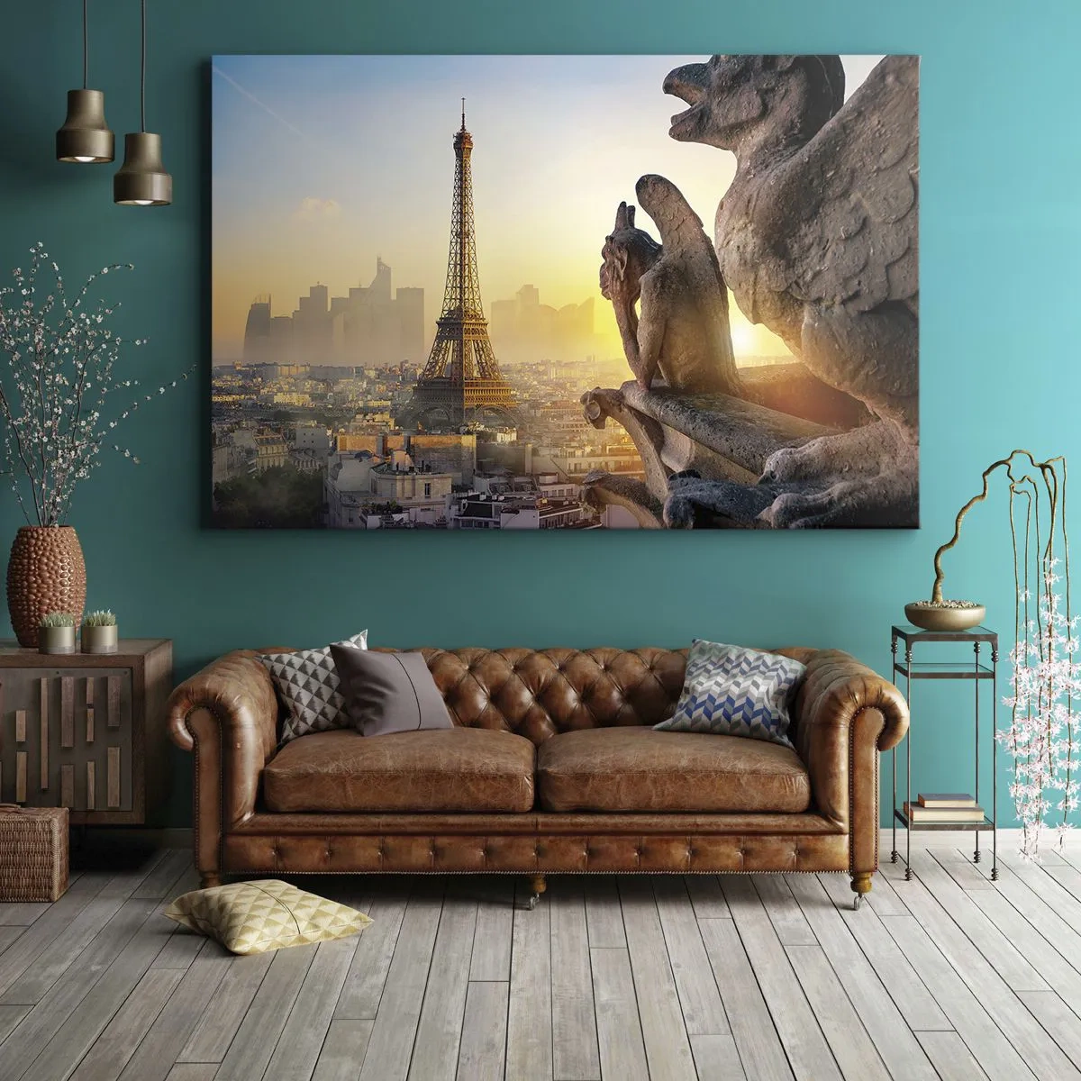 Impression sur toile - Image sur toile - Vue de la Tour Eiffel avec des gargouilles en arrière-plan - 120x80cm - Tellement de choses ont changés... - Décoration murale moderne pour le salon et la chambre ARTTOR